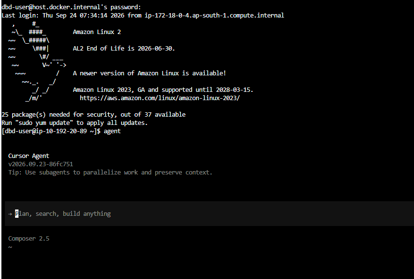 Cursor Agent starting in a DeployByDesign workspace terminal